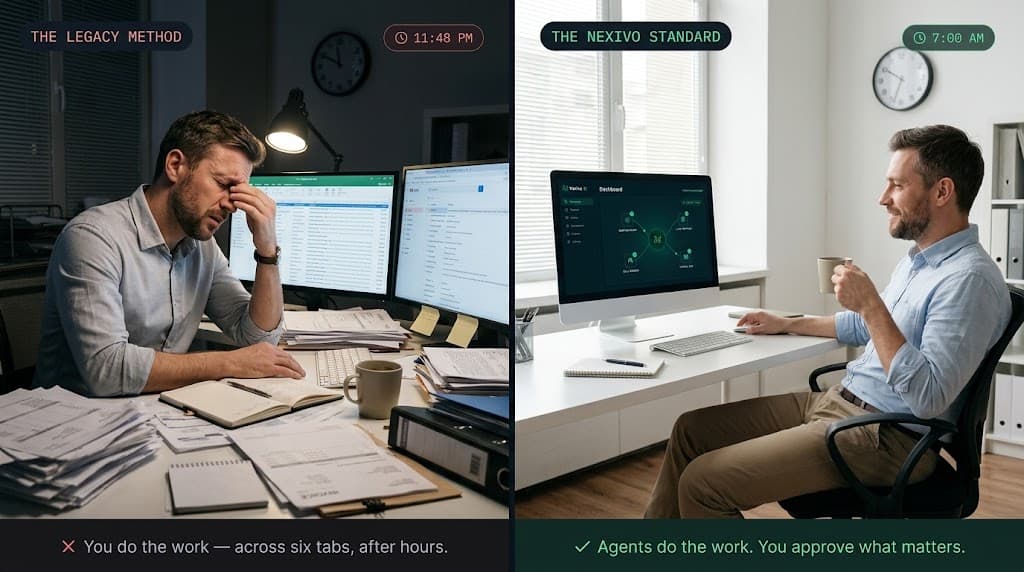 Left: a stressed employee at 11:48 PM buried in paperwork and spreadsheets. Right: at 7:00 AM, a relaxed employee with coffee while the Nexivo dashboard handles the work.
