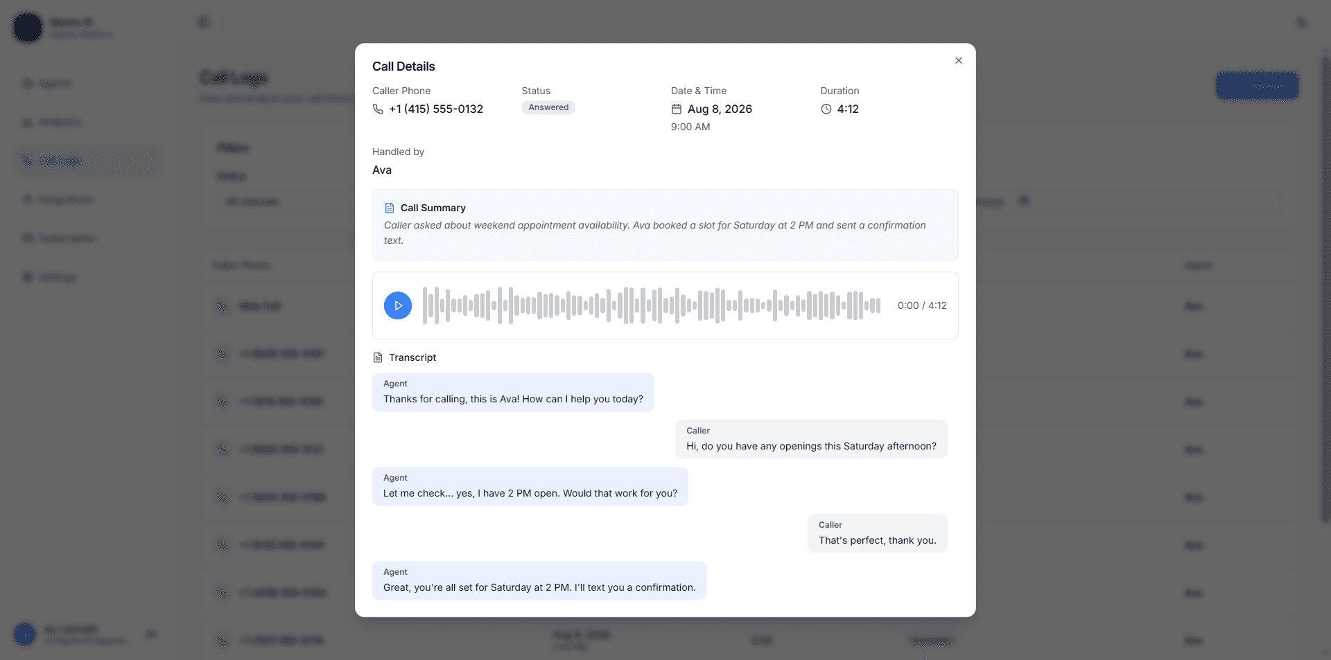 Every call — transcript, summary, and recording, automatically.