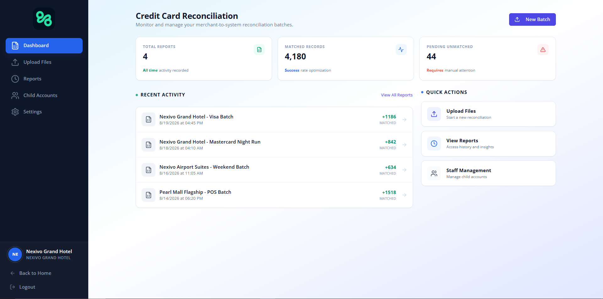 Nexivo Reconcile credit card reconciliation dashboard showing matched records and pending exceptions