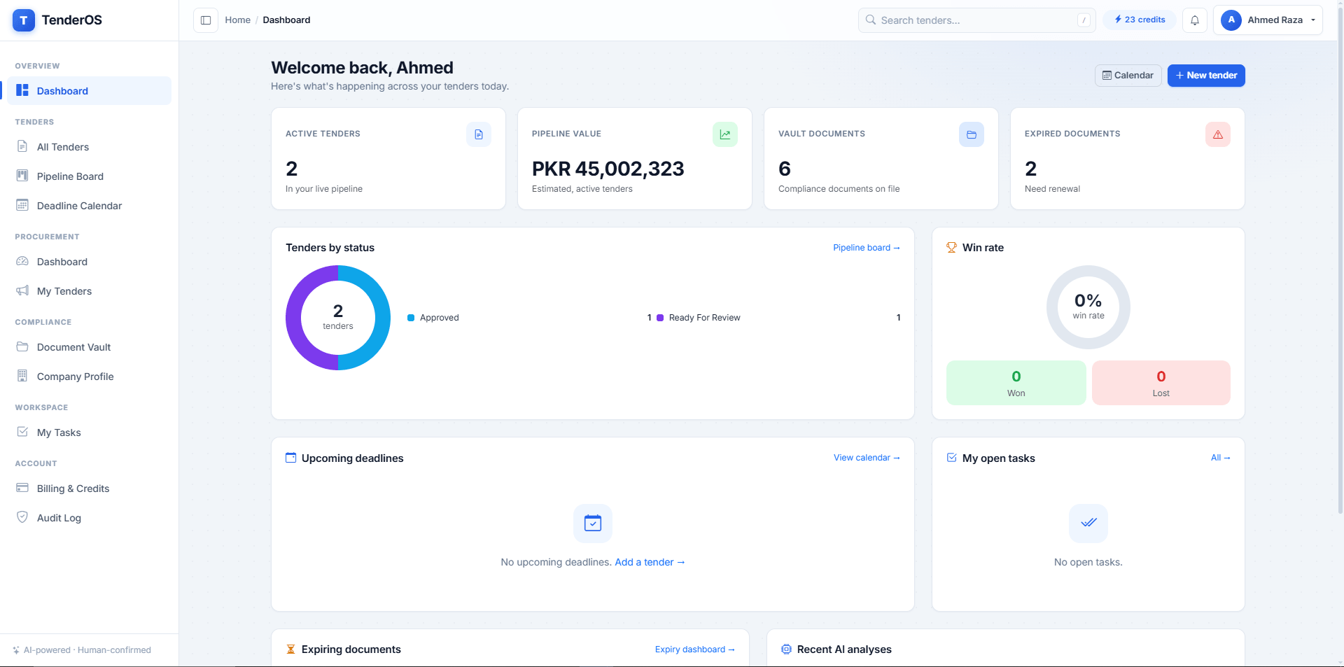 Nexivo TenderAI dashboard showing active tenders, pipeline value, and compliance document status