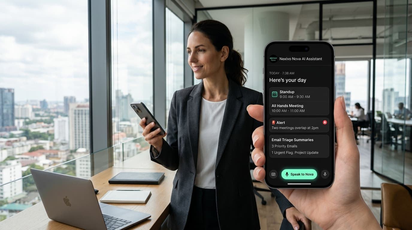 Nexivo Nova Ai Assistant mobile app interface displaying daily briefing, calendar and task triage