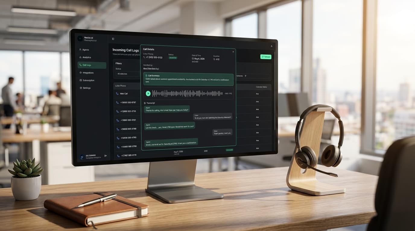 Nexivo Voice Ai Receptionist web platform showing live incoming call logs, transcripts and calendar booking on desktop monitor