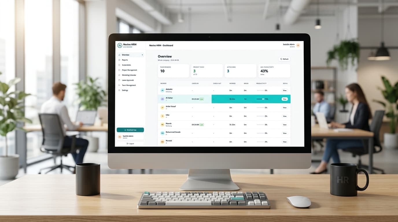 Nexivo HRM workforce platform showing team attendance, productivity tracking and payroll automation