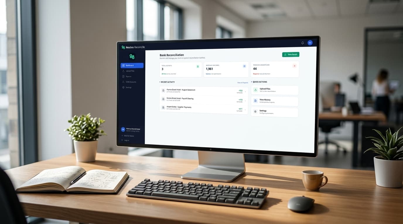 Nexivo Reconcile bank reconciliation dashboard with matched records and pending exceptions