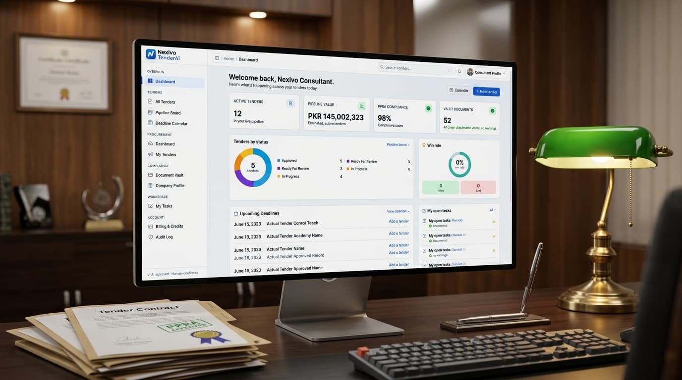 Nexivo TenderAi procurement compliance dashboard showing active tenders and PPRA checklist